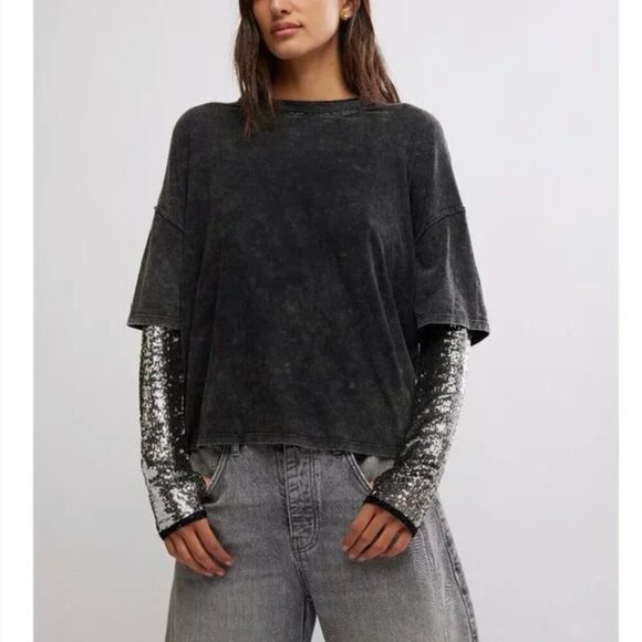 FREE PEOPLE NWT We The Free Nellie Sequin Twofer / Black - small - Picture 1 of 11